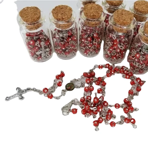 Rosary in Glass Jar Bottle Beads Necklace Lady Guadalupe Red Bead Silver Catholic Crucifix cross