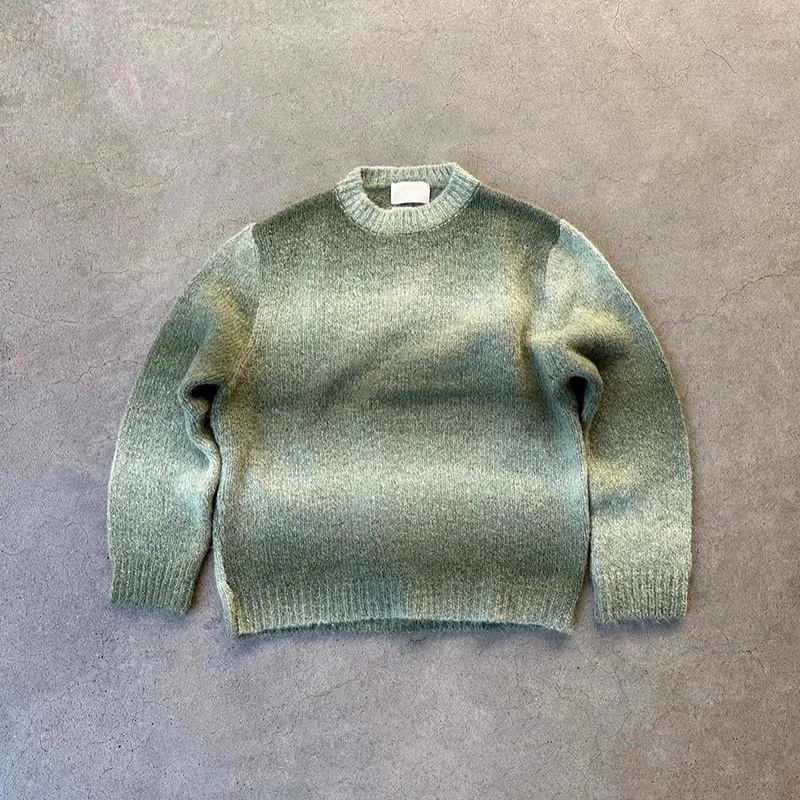 Custom OEM Crew Neck Sweater Long Sleeve striped Sweater Men Gradient Knitted Pullover Jacquard Knitwear Men Mohair Sweater