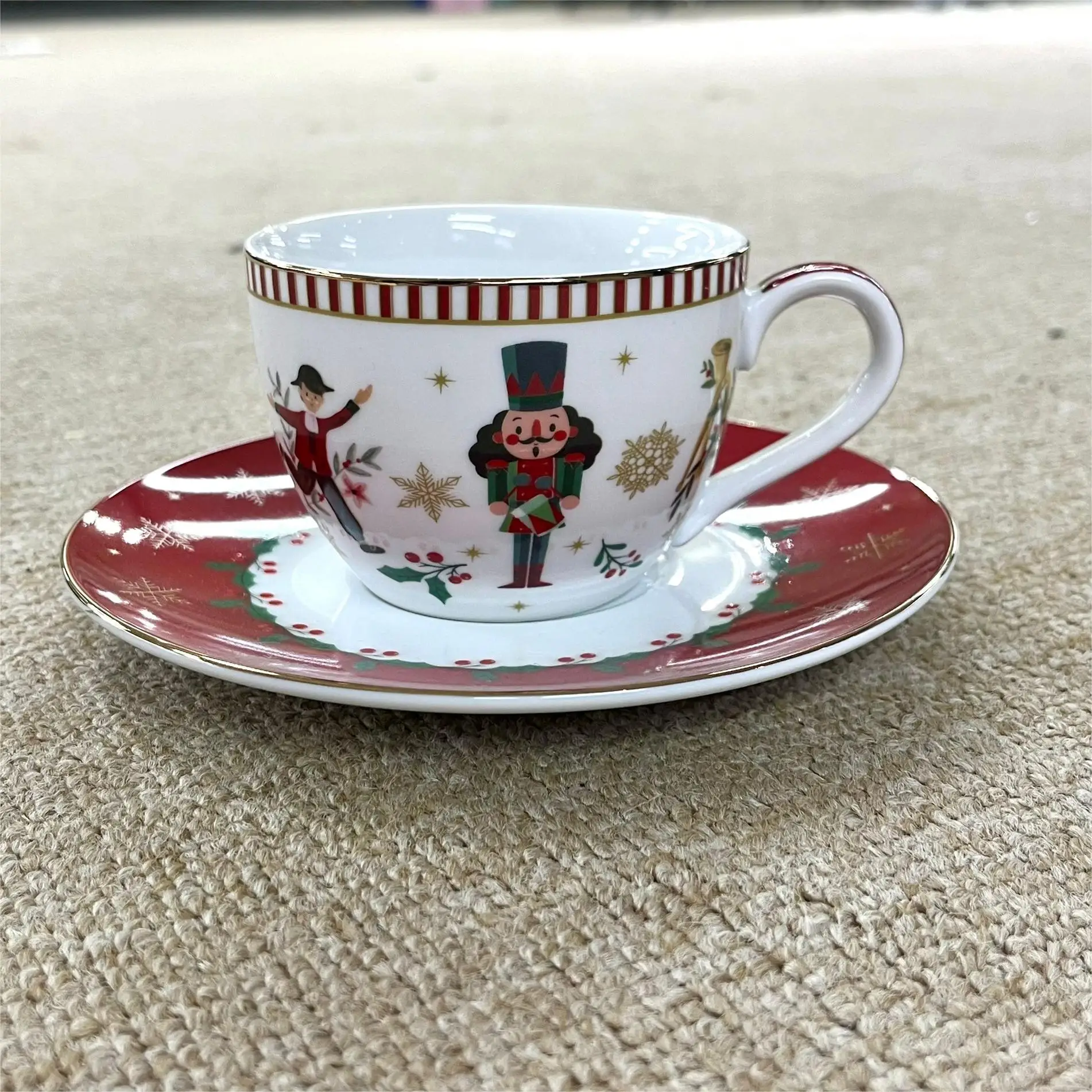 Gold Trim Ceramics Fine Bone China Holiday Vibe Tea Coffee Cup and Saucer Set