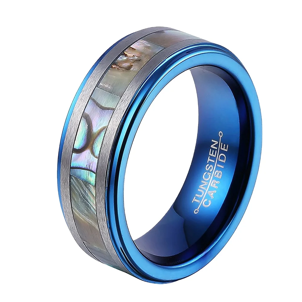 Wholesale Trendy 8mm Moroccan wedding jewelry Dome Natural Colorful Abalone Shell Inlay Tungsten Mens Ring Fine Jewelry