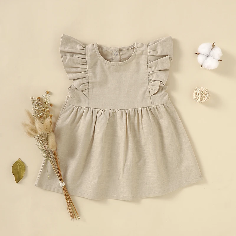 Wholesale Linen Organic Cotton Ruffle Shoulder 1 Year Girl Baby Summer Dresses