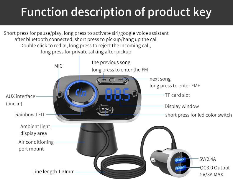  Цветной окружающий свет Bluetooth 5 0 USB MP3 плеер автомобильное зарядное устройство FM передатчик Handsfree автомобильный музыкальный
