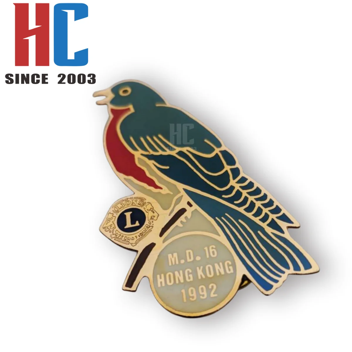 20 Years  Factory Custom Lions Club International 1992 Hong Kong Convention MD 16 Enamel and Gold Tone Bluebird Double Lapel Pin