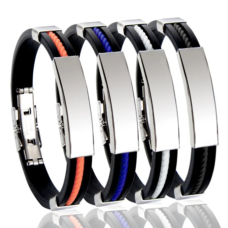 Diy Engraved Logo Men Pu Leather Bracelet Stainless Steel Silicone Wrapped Bracelet For Men