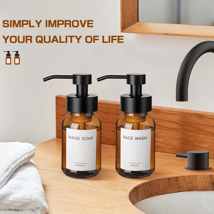2 Pack Amber Glass Jar Soap Dispenser with Foaming Pump 8.5 oz Round Bottles Dispenser with Foaming Pump Support Customiztion