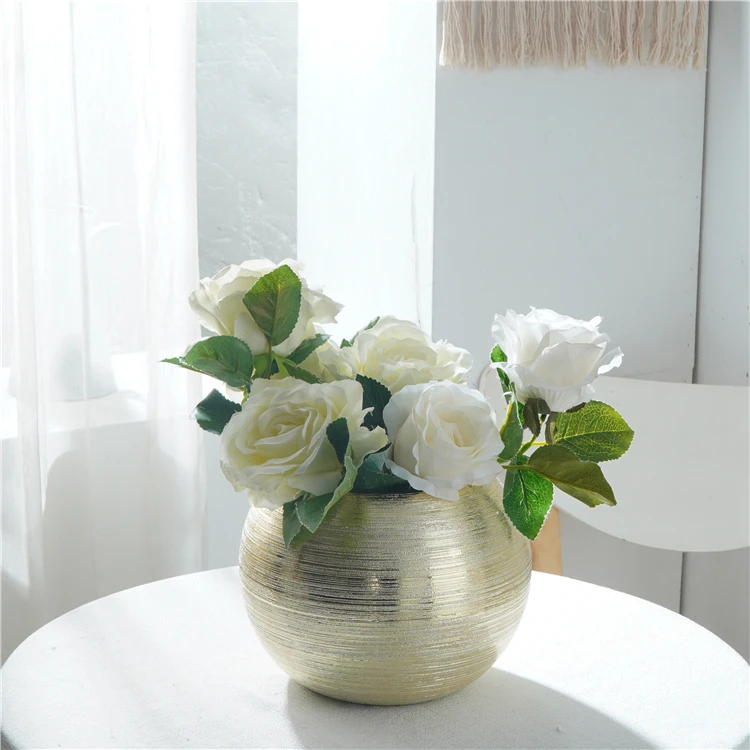  Luxury home decoration vase golden sliver round flower ornament stripe porcelain ceramic