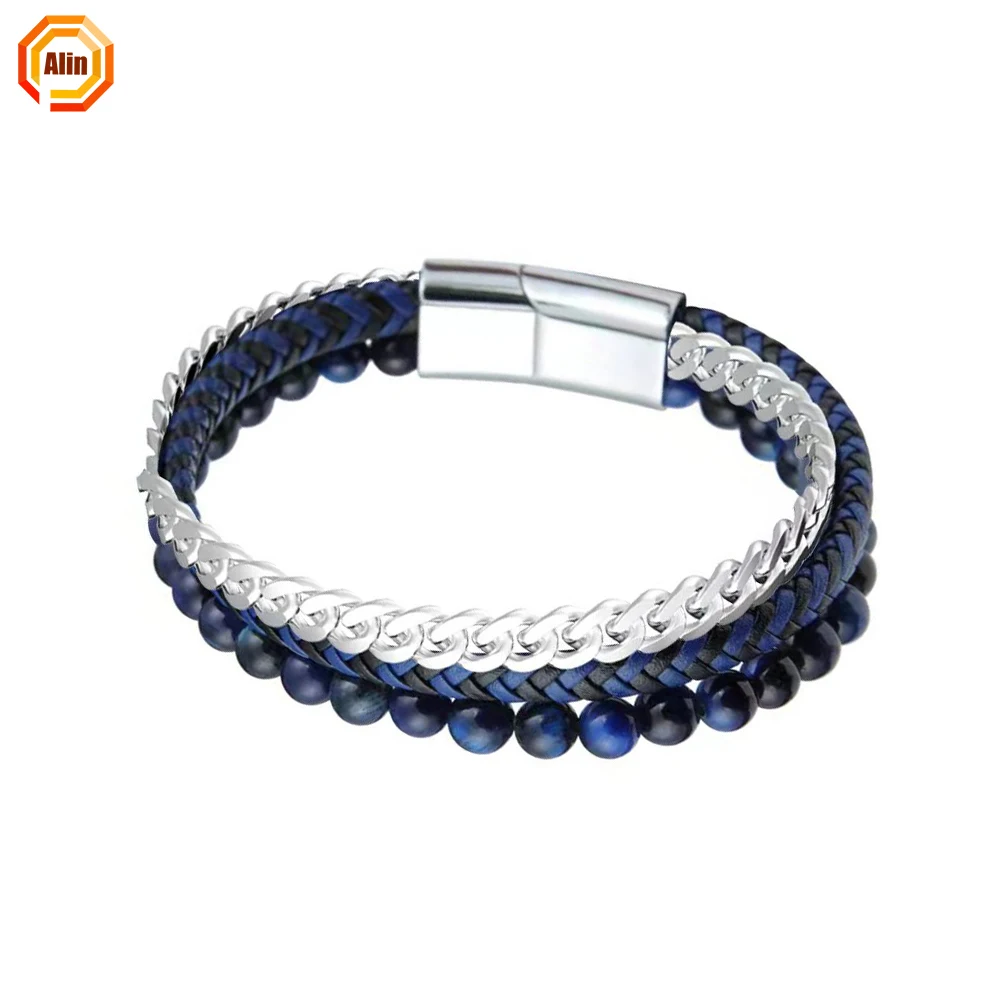 Alin Wholesale Natural Stone Bead Black Agate Beads Bracelet Multi Layer Genuine Leather Bracelet