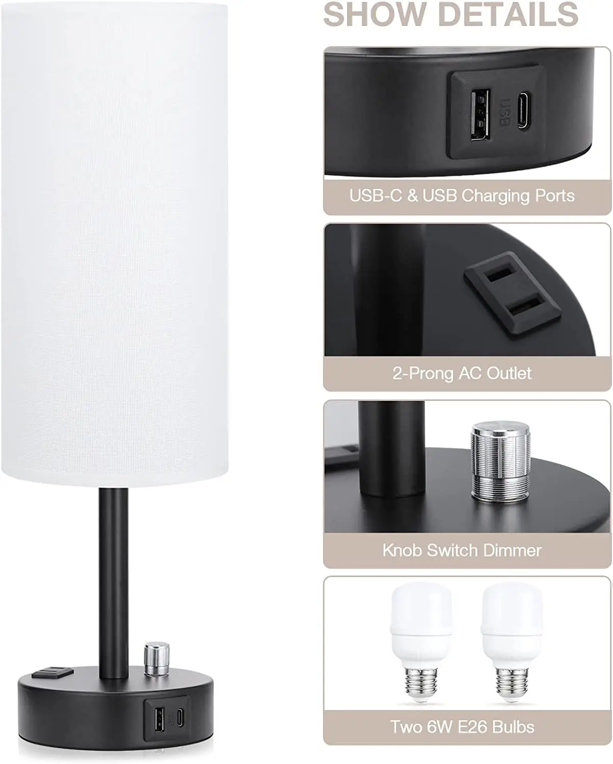 Home Hotel Warm Soft Linen Shade Desk Lamp Creative Modern Table Light with USB Charging Port