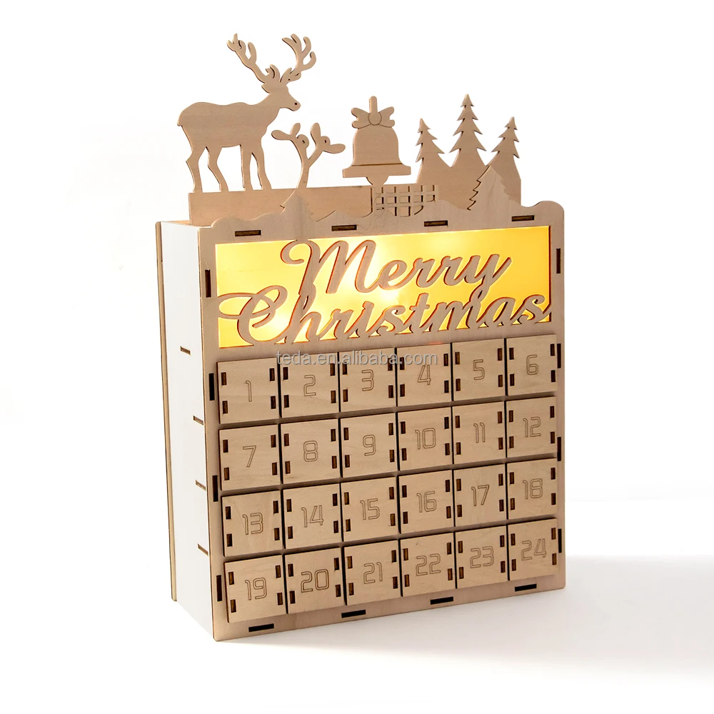 Christmas Countdown Calendar Box Desktop Decoration Wooden 24 Day Countdown Pendant
