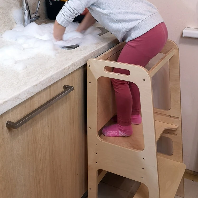 Toddler Convertible Kitchen Helper Adjustable Height Solid Wood Step Stool Cooking Learning Tower For Kids