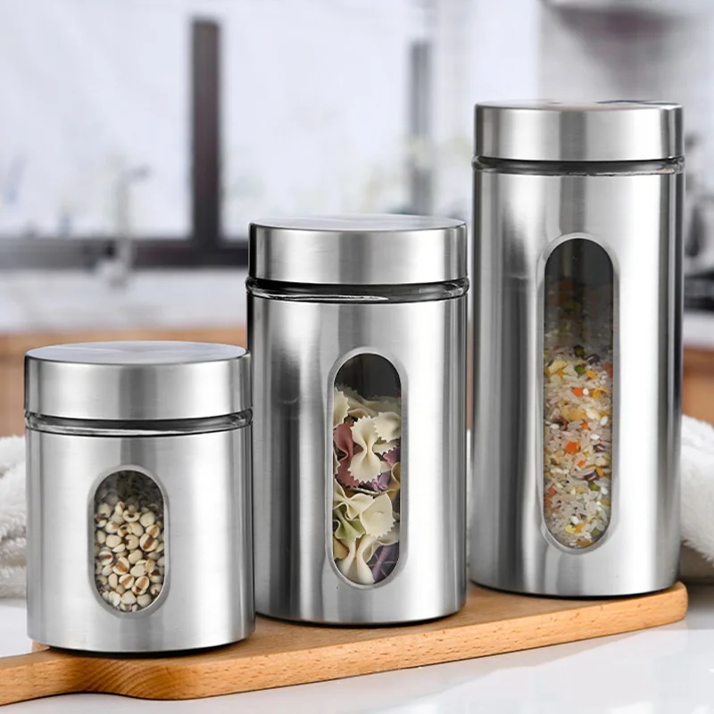 Ultra-Low Shipping Cost Stainless Steel Spice Packaging Sealed Airtight Kitchen Glass Storage Jars
