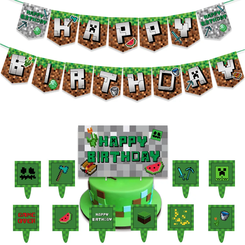Festive Party Surprise Gift Miner Themed Wall Decoration Pixel Style Balloons Set Party Balloons
