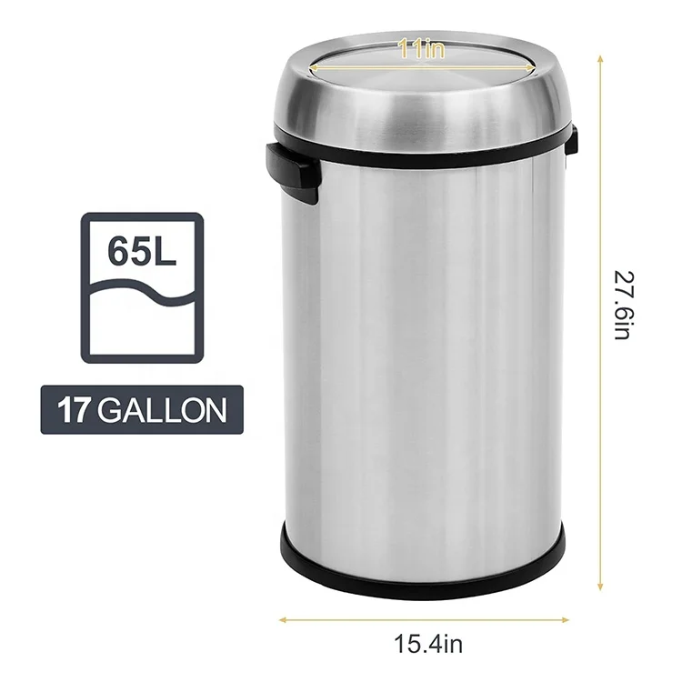 Large 17 Gallon Swing Lid Commercial Trash Can Heavy Duty 65 Liter Brushed Stainless Steel Garbage Can for Kitchen Office Use