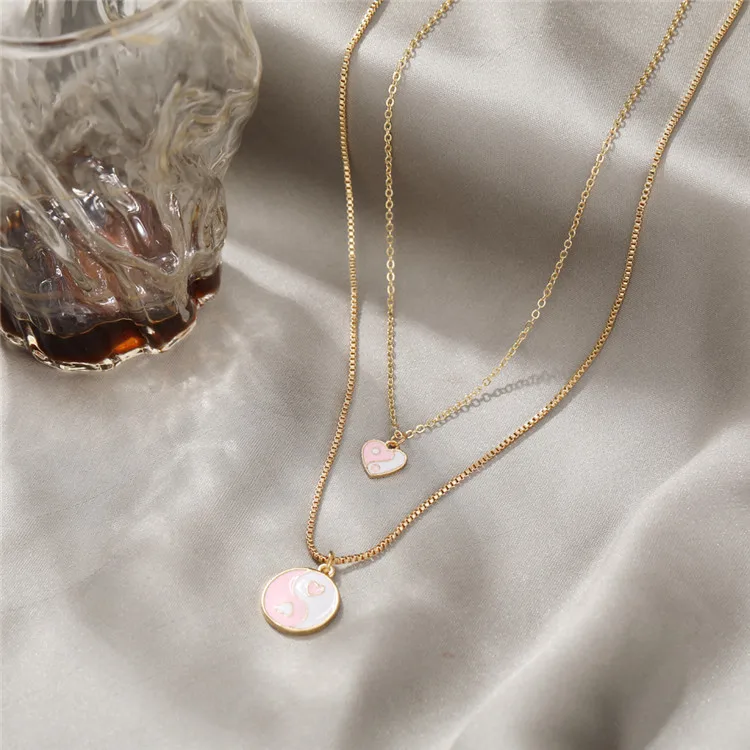 Qicai  Wholesale Fashion Necklace Jewelry Double Chain Layered Stainless Steel Made Ying Yang Pendant Necklace