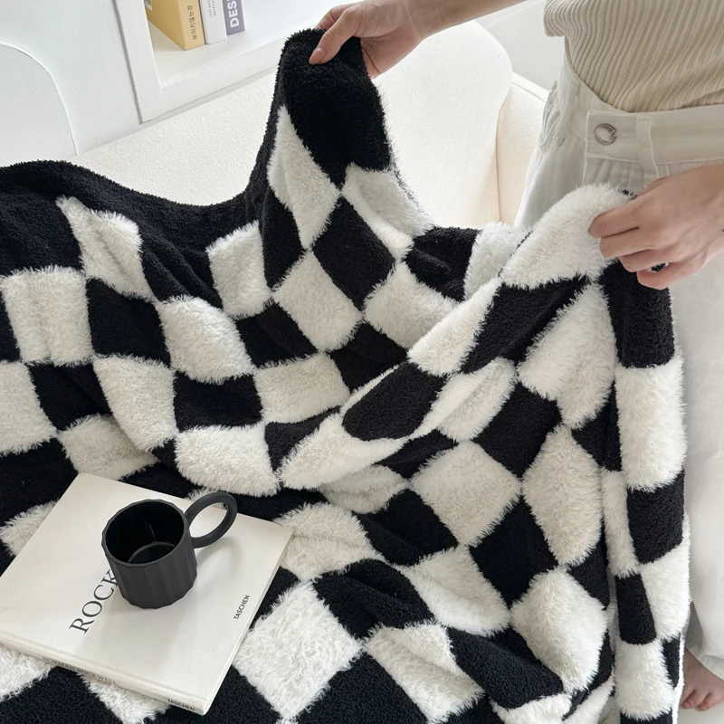 100% Polyester Baby Blanket 50*60in Fluffy Knitted Throw with Solid Striped Pattern Azo-Free Soft Feather Yarn Checkered Design