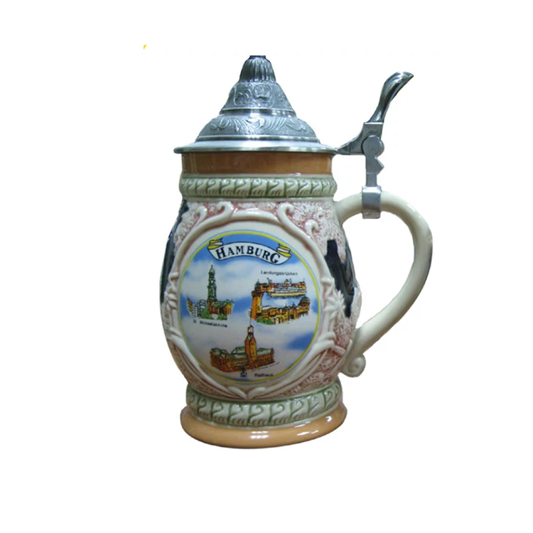 High Quality German Style Souvenir Ceramic Beer  mug with lid for wholesale