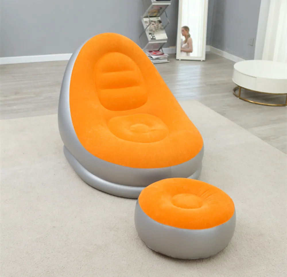 Outdoor Travel Camping Folding Portable Inflatable Flocking Recliner Lazy Lounge Chair Sofa for Adults Lazy with Foot Stool