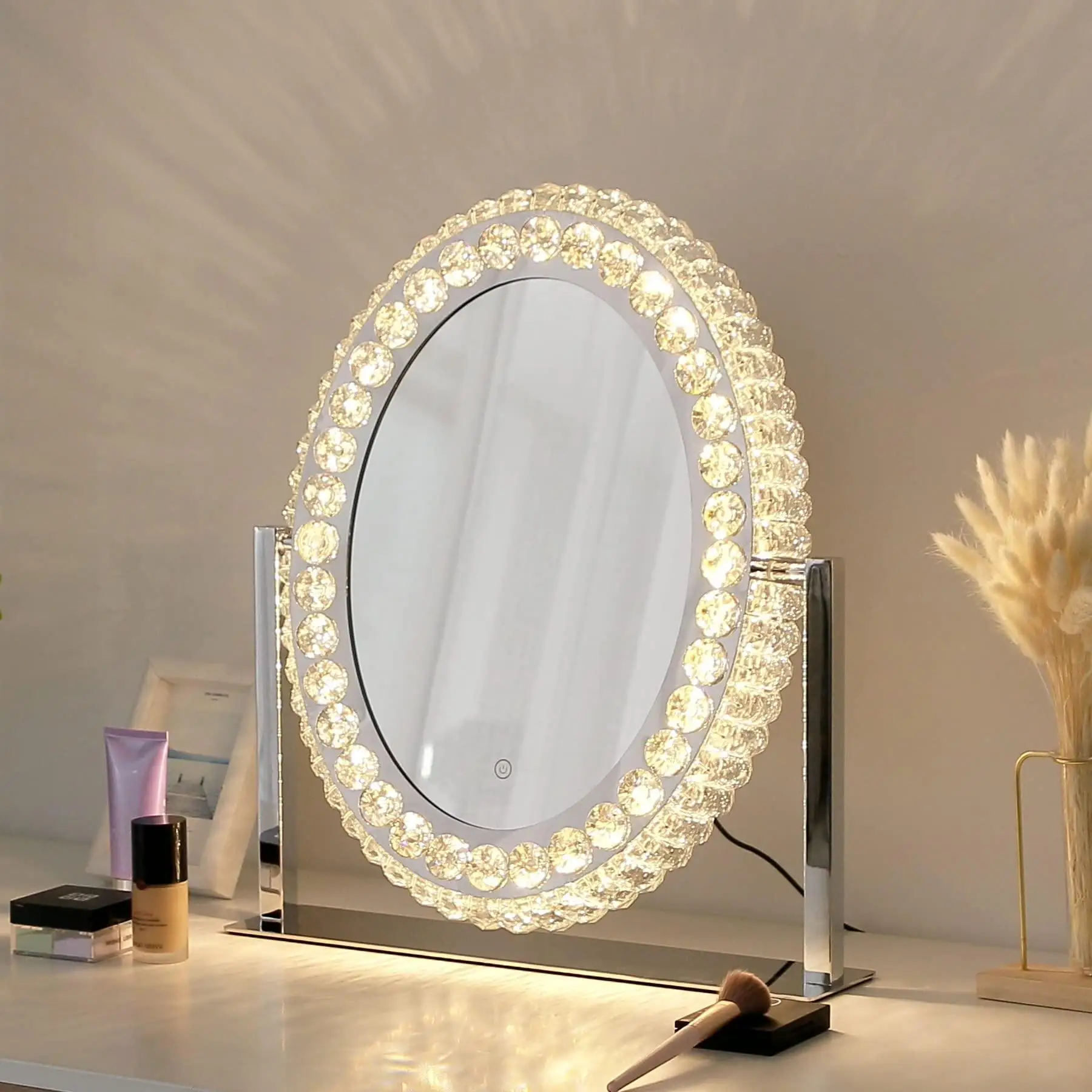 Factory Wholesale Diamond Luxury Hollywood Style Crystal Crushed LED Light illuminated Round Makeup Vanity Mirror