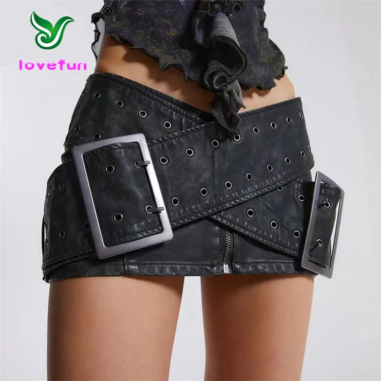 Fashion Gothic Punk Fashion Black Pu Leather Micro Skirt Women 2023 Summer Low Waist Cross Belt Mini Skirt