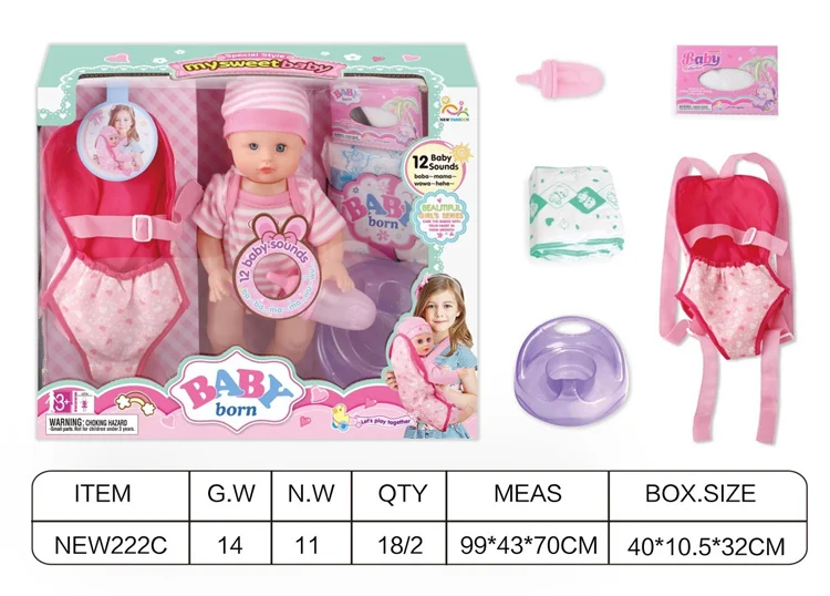 Popular Hot Sale 13 Inch English 12 Sound Ic Water Baby Dolls Toys With Urine Basin Diaper Absorbent Bottle Tissue Box Backpack