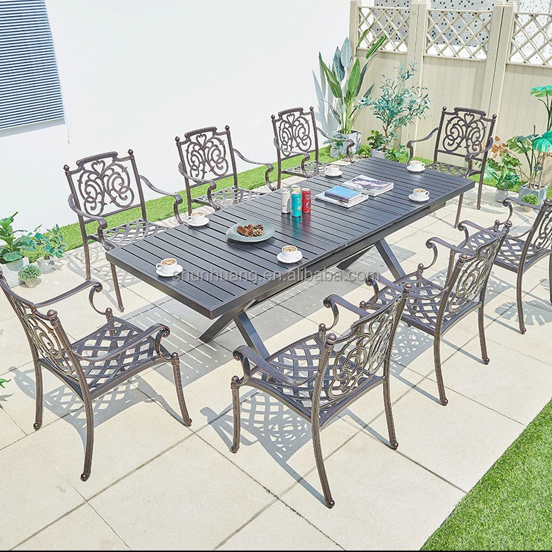 Hot selling outdoor  garden metal chair long table set with side table furniture  patio   iron dining Set for 8 seaters