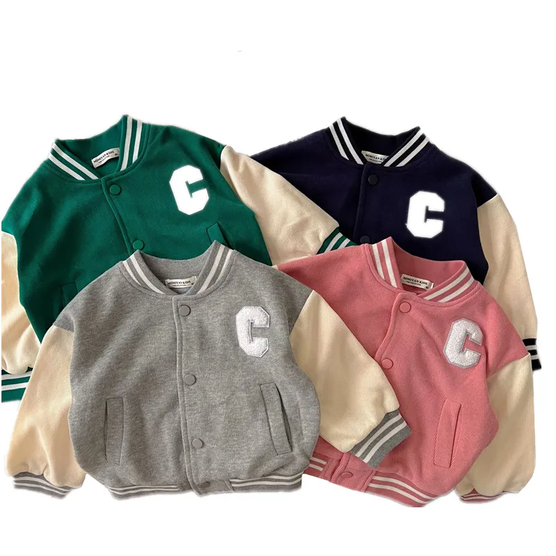 Custom Toddler Boys Girls Strip Trem Letter Graphic Jacket Kids Varsity Jackets