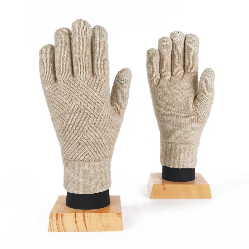 Custom logo acrylic warm winter knitted mittens jacquard touch screen gloves