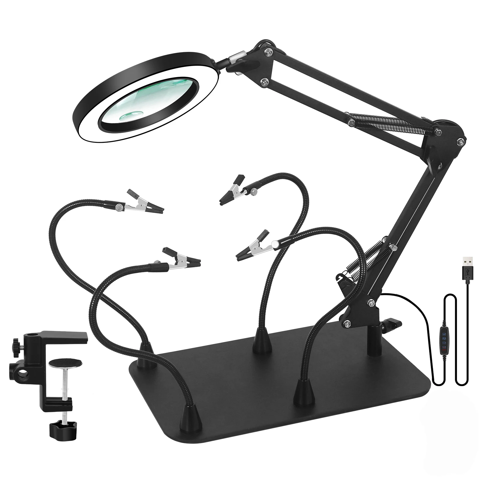 Magnetic Helping Hands Soldering Station with 5X 10X Magnifying Glass with Light, PCB Holder 4 Flexible Arms Third Hand Tool
