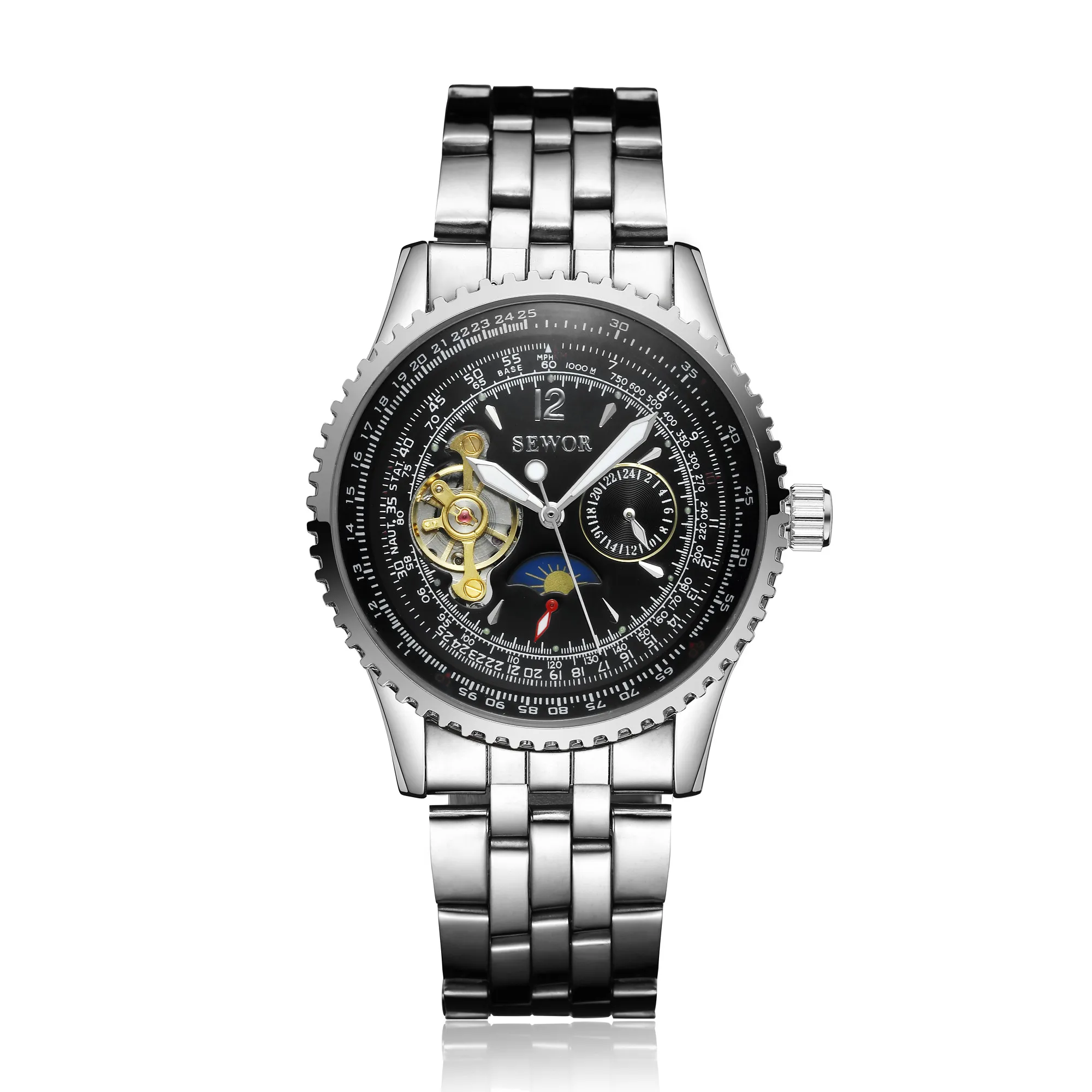 Sewor men black  stainless steel wrist  tourbillon  digital watch mechanical automatic