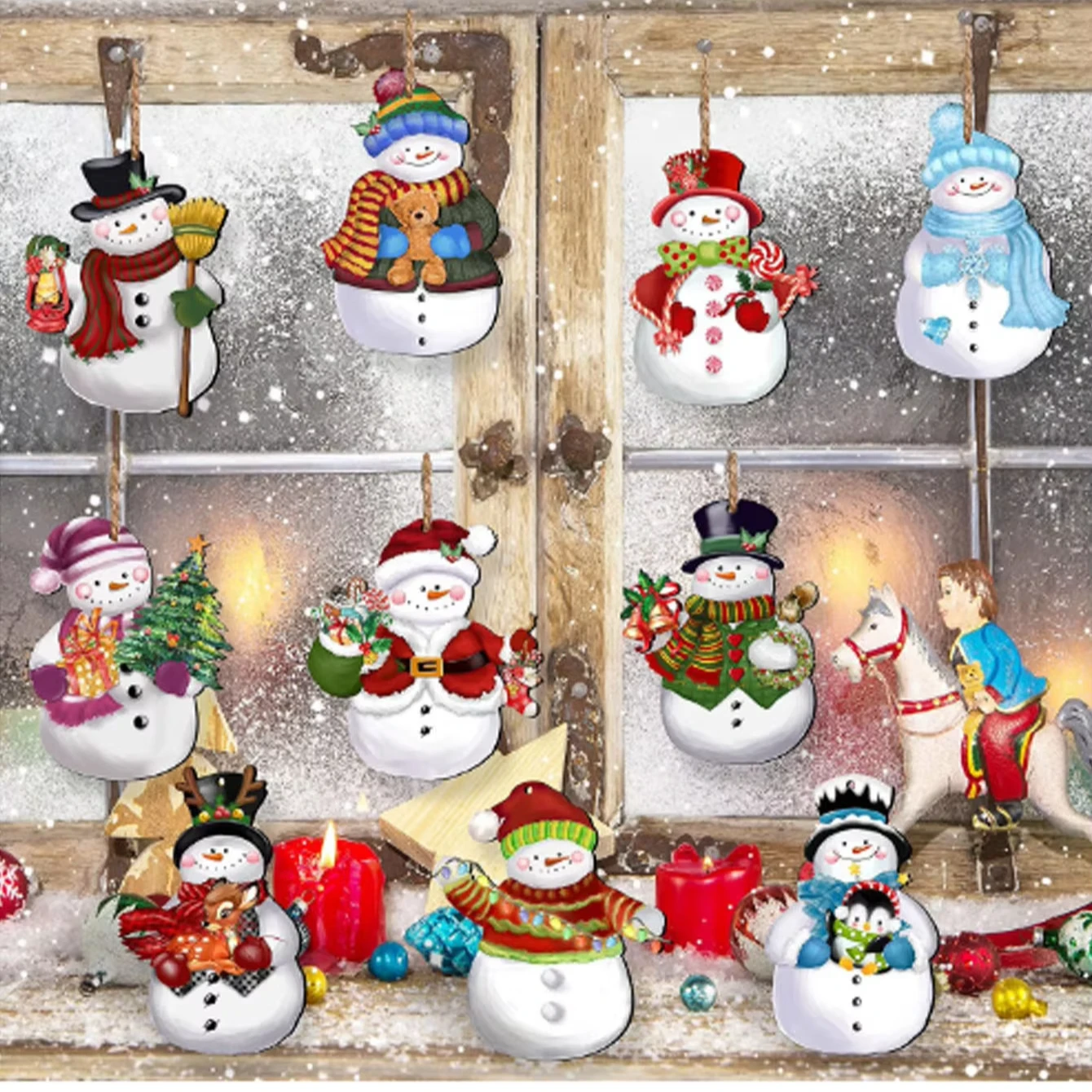 12pcs Delightful Classic Style Animal Theme Wooden Snowman Ornaments Hanging Christmas Tree Decorations  Wood Crafts