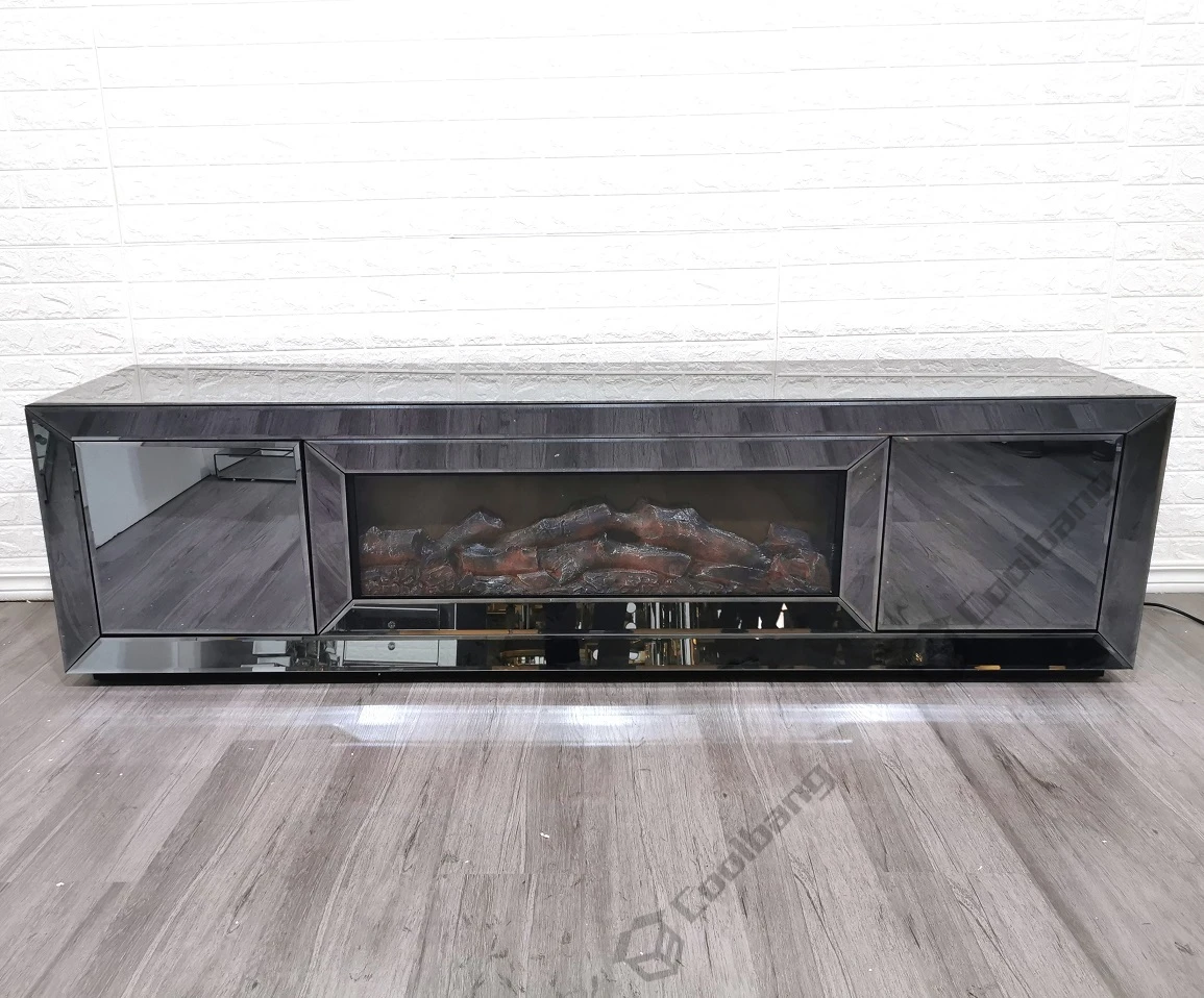 Large Mirrored Furniture Smoke Grey Glass TV Stand with Electric Fireplace