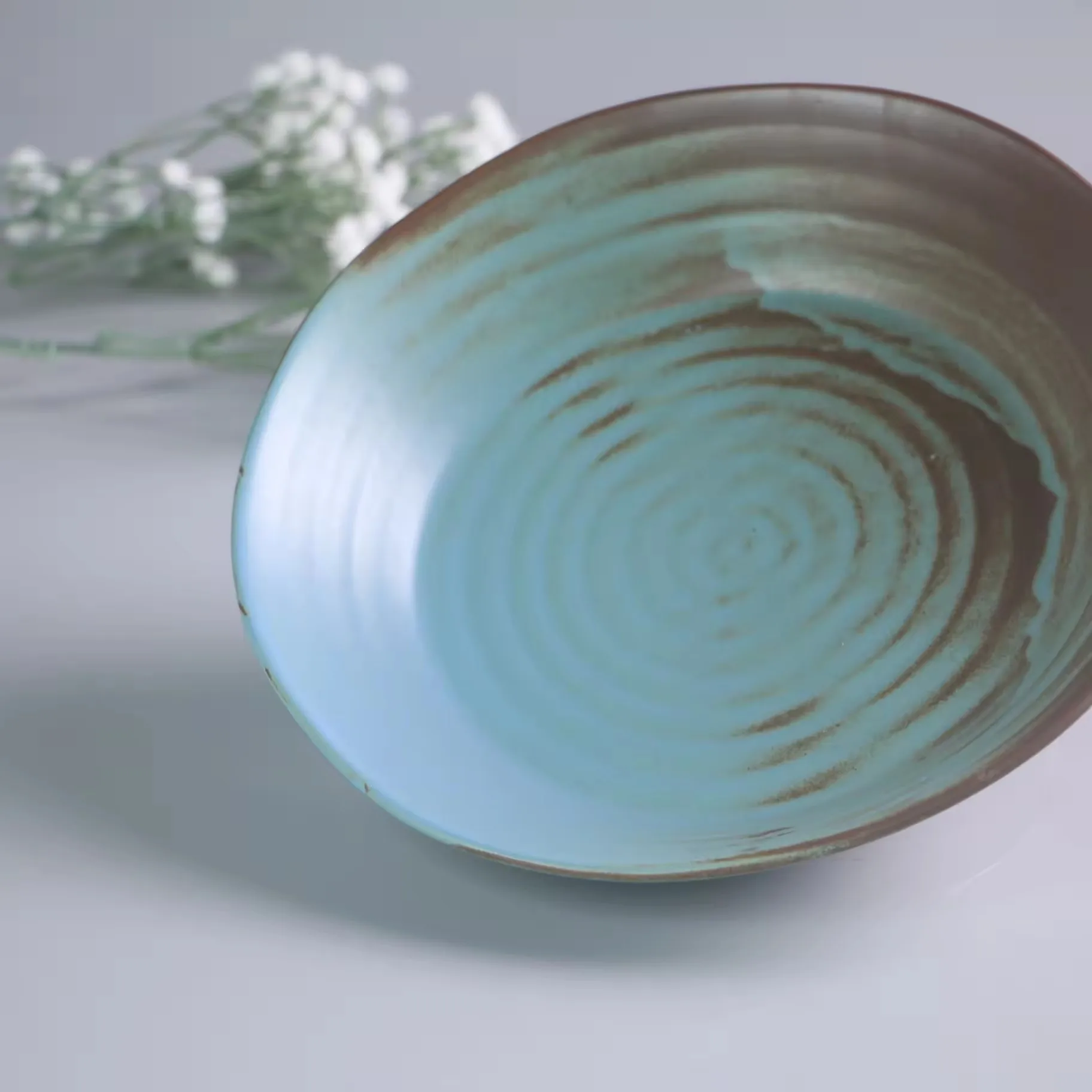 Nordic vintage design sky blue matte glazed stoneware porcelain hotel tableware luxury ceramic dishes and plates soup plate