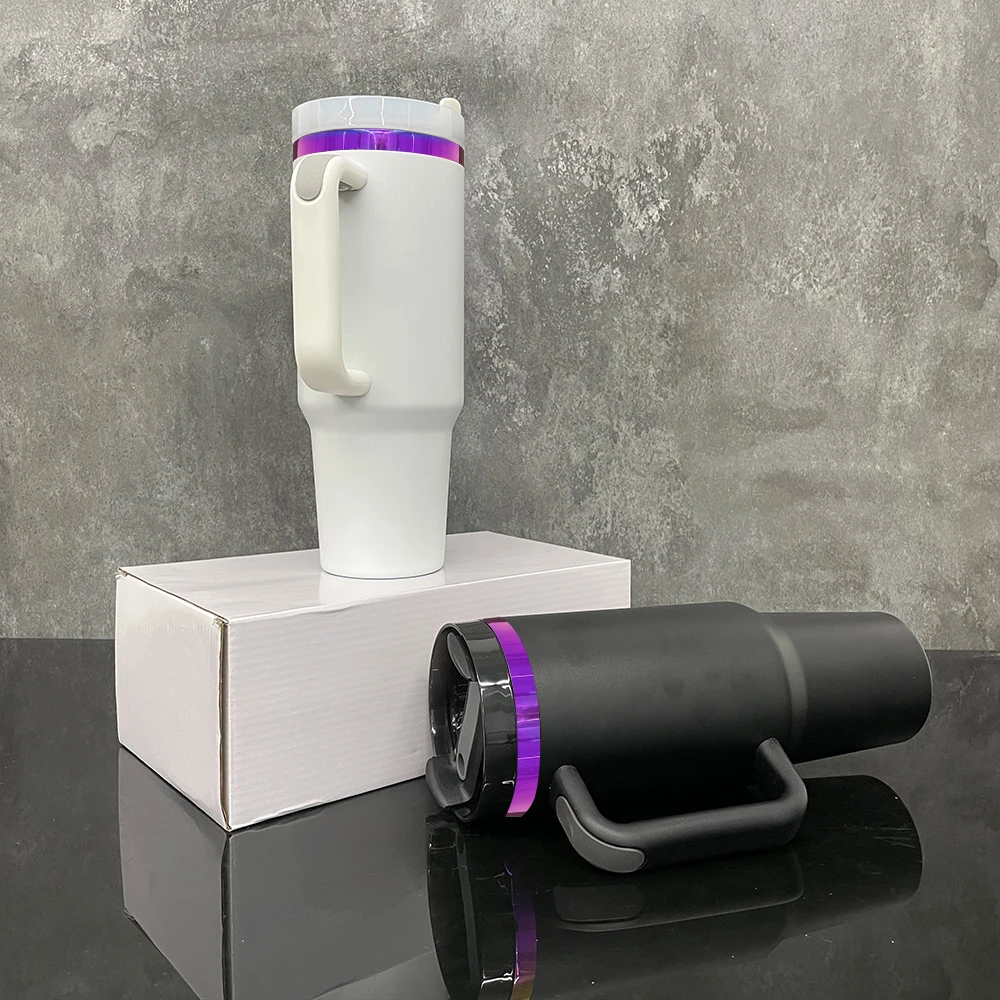 H2.0 40oz Tumbler Purple Plated Underneath Black White Powder Coated With Silicone Boots Sleeve