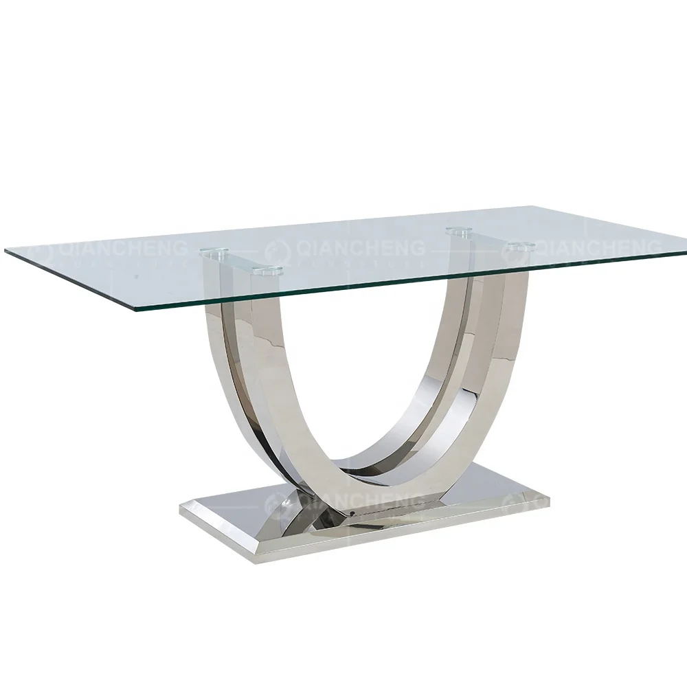 restaurant rectangle stainless steel  dining table Modern dining room furniture mirrored tempered glass dining table set