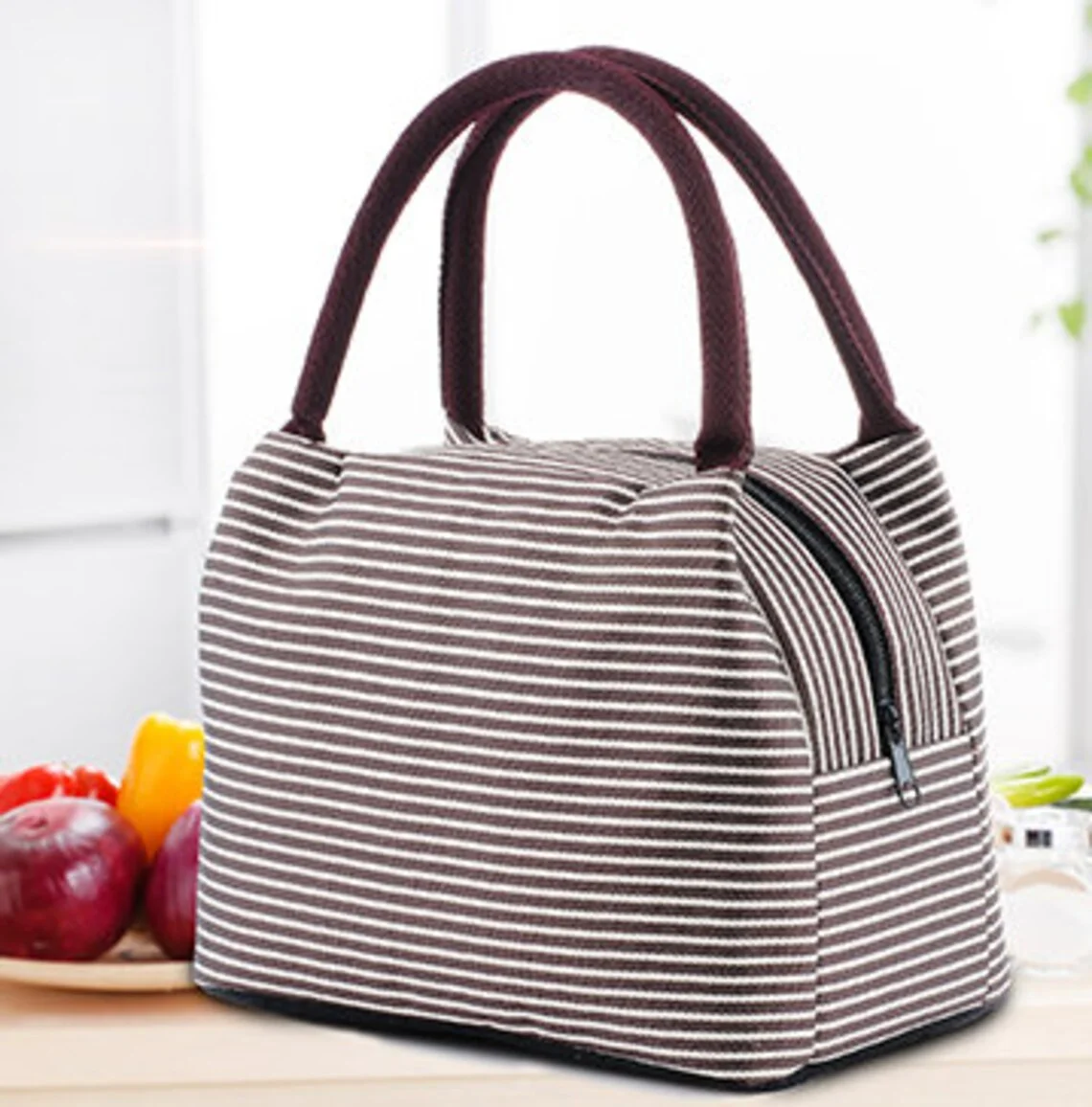 Custom Wholesale Simple Stripe Portable Cooler Lunch Tote Bag Insulated Eco Friendly Mini Striped Cooler Bag Gift for Kids Back