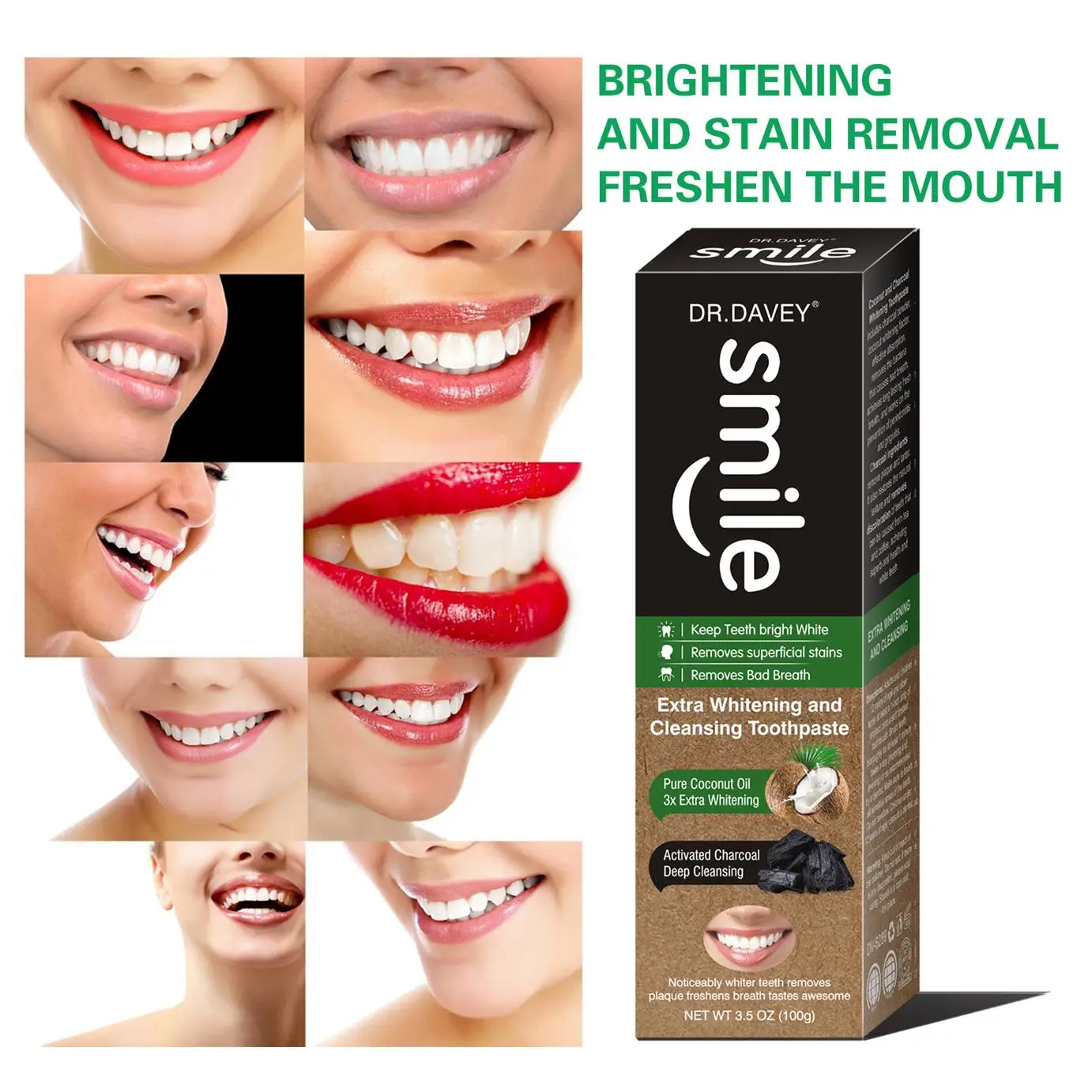 Dr.Davey Powerful Whitening Toothpaste Contains With Charcoal Coconut Oil Remove Tartar and Dentine
