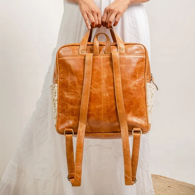 High Quality Genuine Cow Hide Leather Rucksack Daily Use Book Bag Logo Pattern Handle Small Size Gift Purpose Travel Backpack