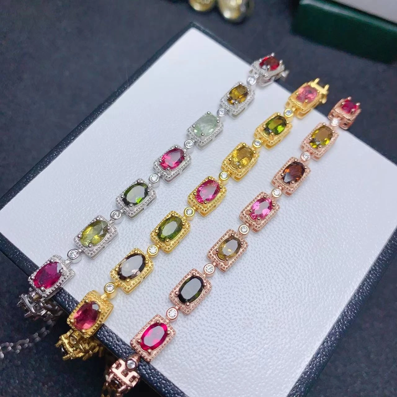 Factory Supply Good Price Luxury 925 Sterling Silver Gold Plated Natural Tourmaline Jewelry Women Bracelet