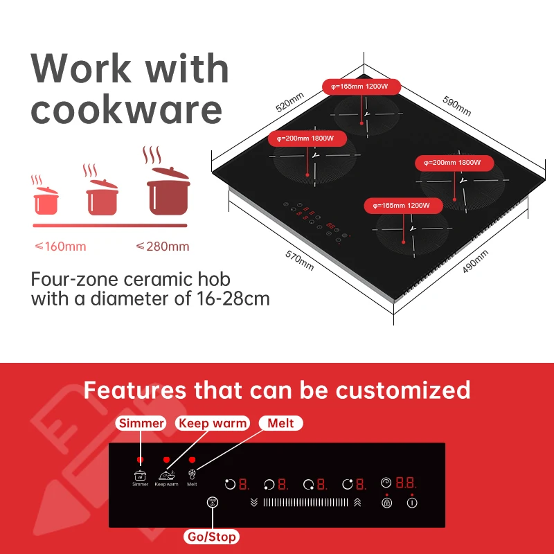 Touch Key 4 Burners induction cooker glass ceramic plate 6000w vitro ceramic cooktop infrared cooker electric