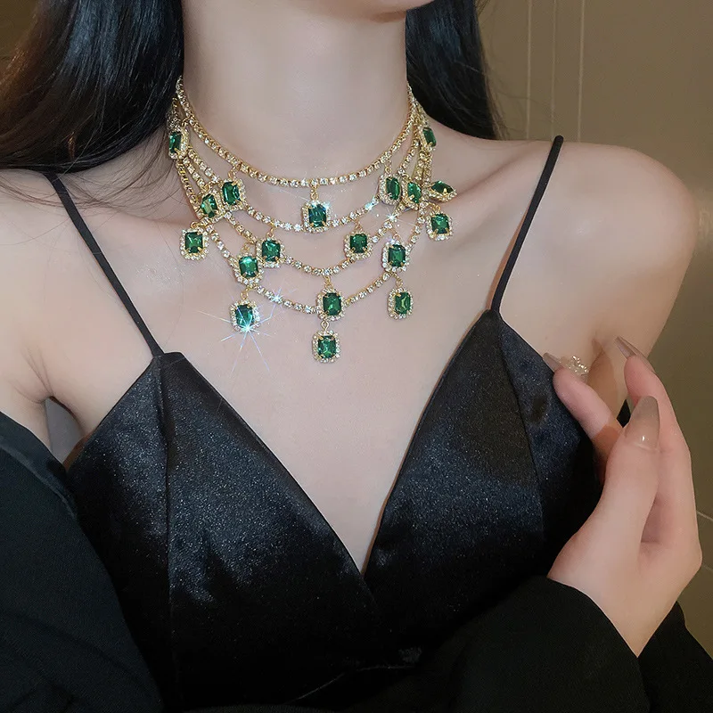 Diamond inlaid four layer square tassel elegant light luxury Collar chain fashion heavy industry wholesale accessories necklace