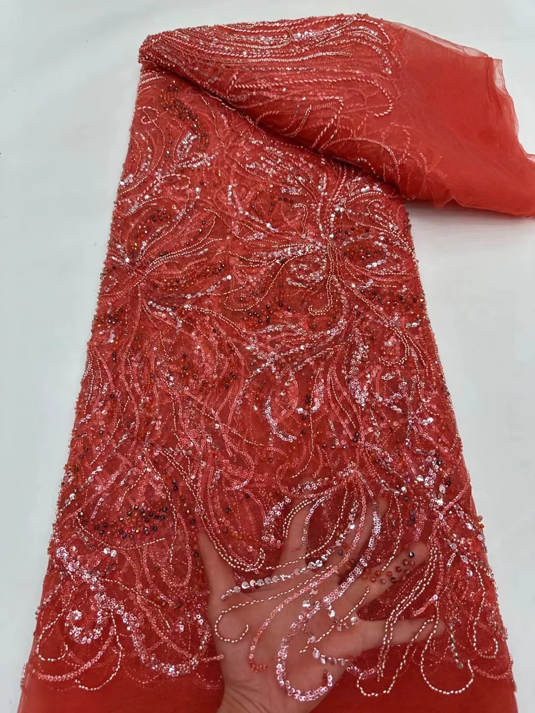 NI.AI Wedding Beaded Net Lace Fabric Embroidered Bridal Shiny Sequin Handmade Lace Fabric With Pearl