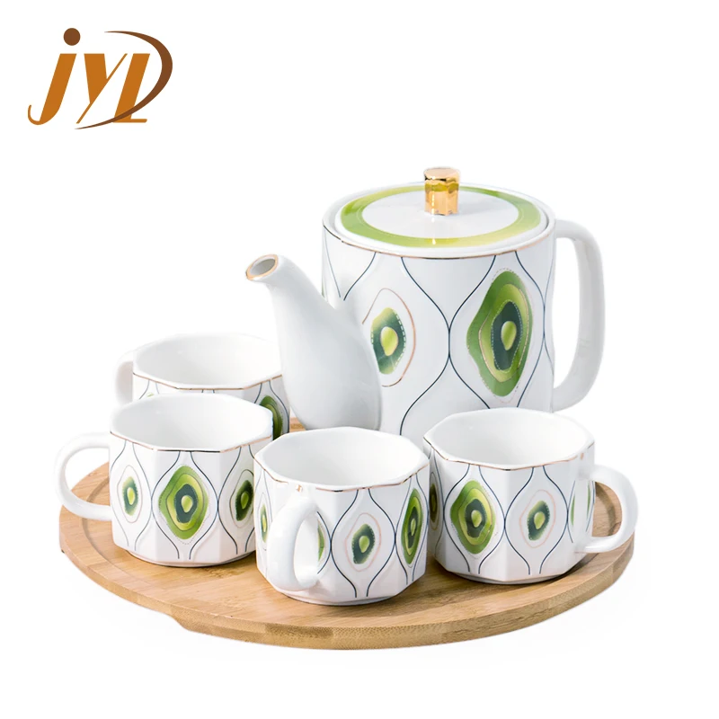 Middle Eastern Best Sell 1 Pot 4 Cups Porcelain Avocado Pattern Coffee & Tea Sets With Wooden Tray