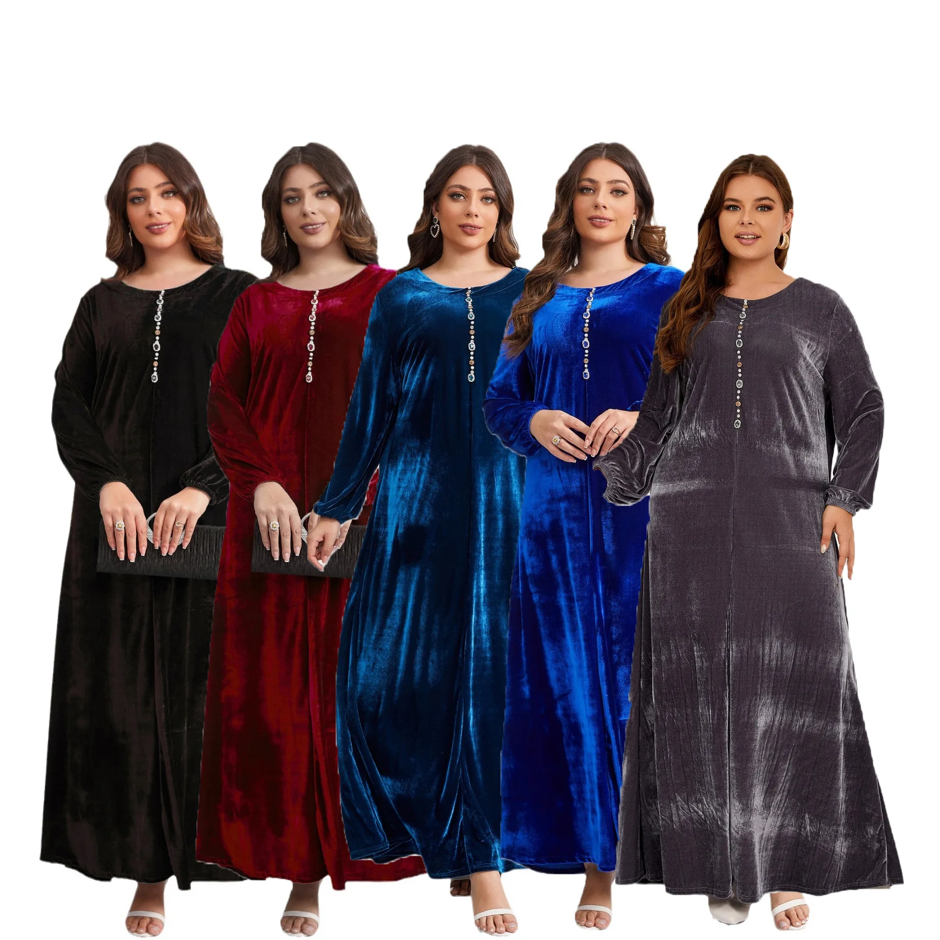 Middle east Big size solid color pearl decoration elastic cuff muslim girl velvet closed abaya