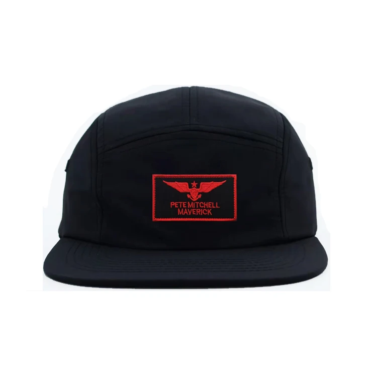 Custom Embroidered Logo Flat Bill Water Repellent Nylon Camper Camp Cap Hat 5-Panel with zipper pocket