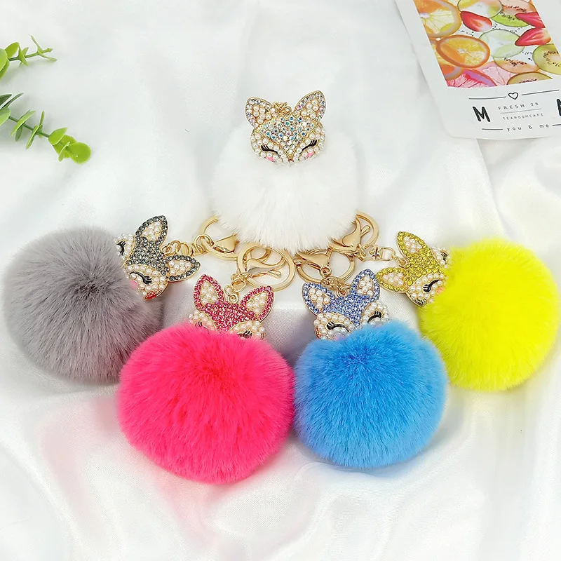 New Hot Juli Cute Charm Fox Fur Ball Pendant Keychain Pearl and Rhinestone Fox Head Keychain