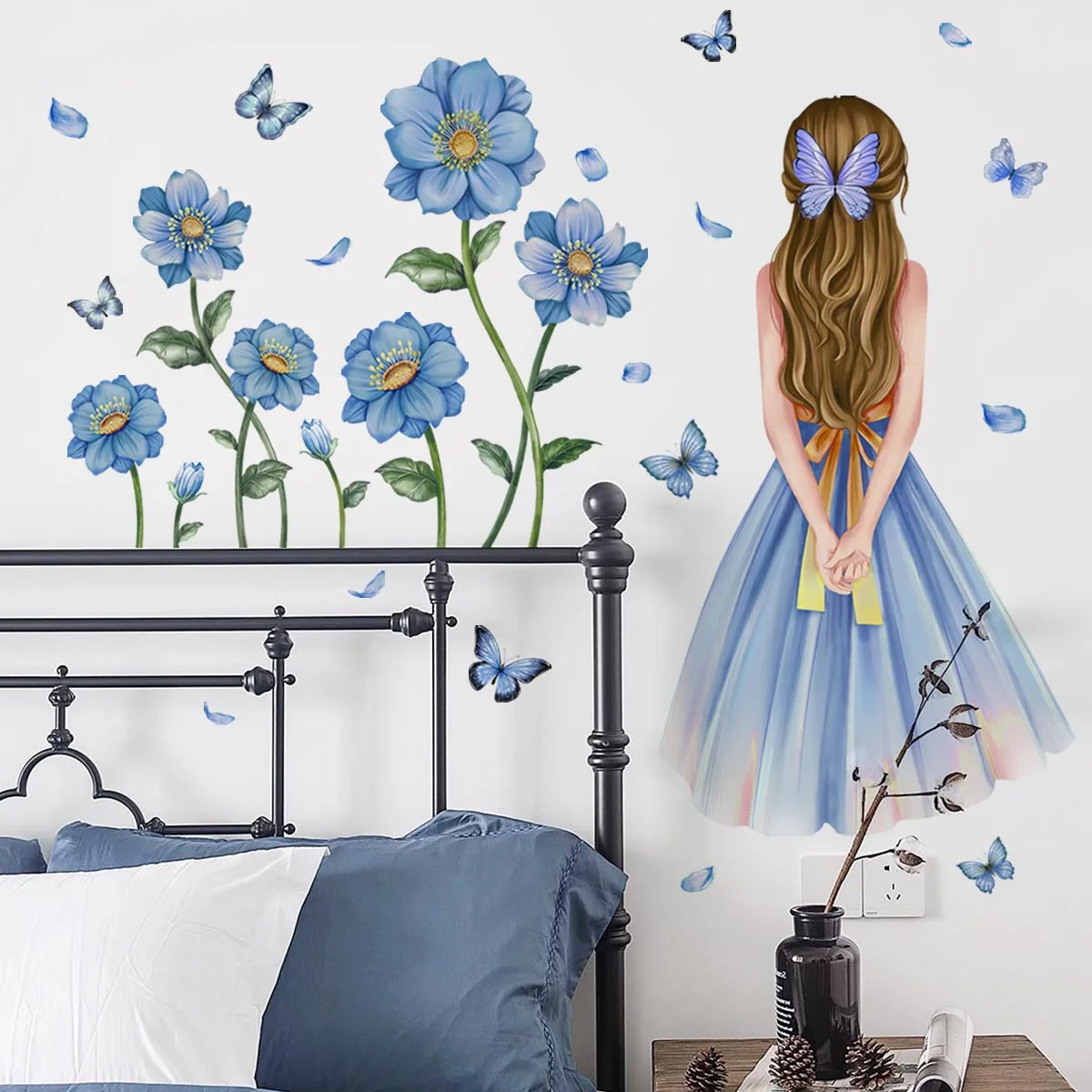 Beautiful girl wallpaper, blue butterfly flower plant self-adhesive painting, living room balcony decoration wallpaper