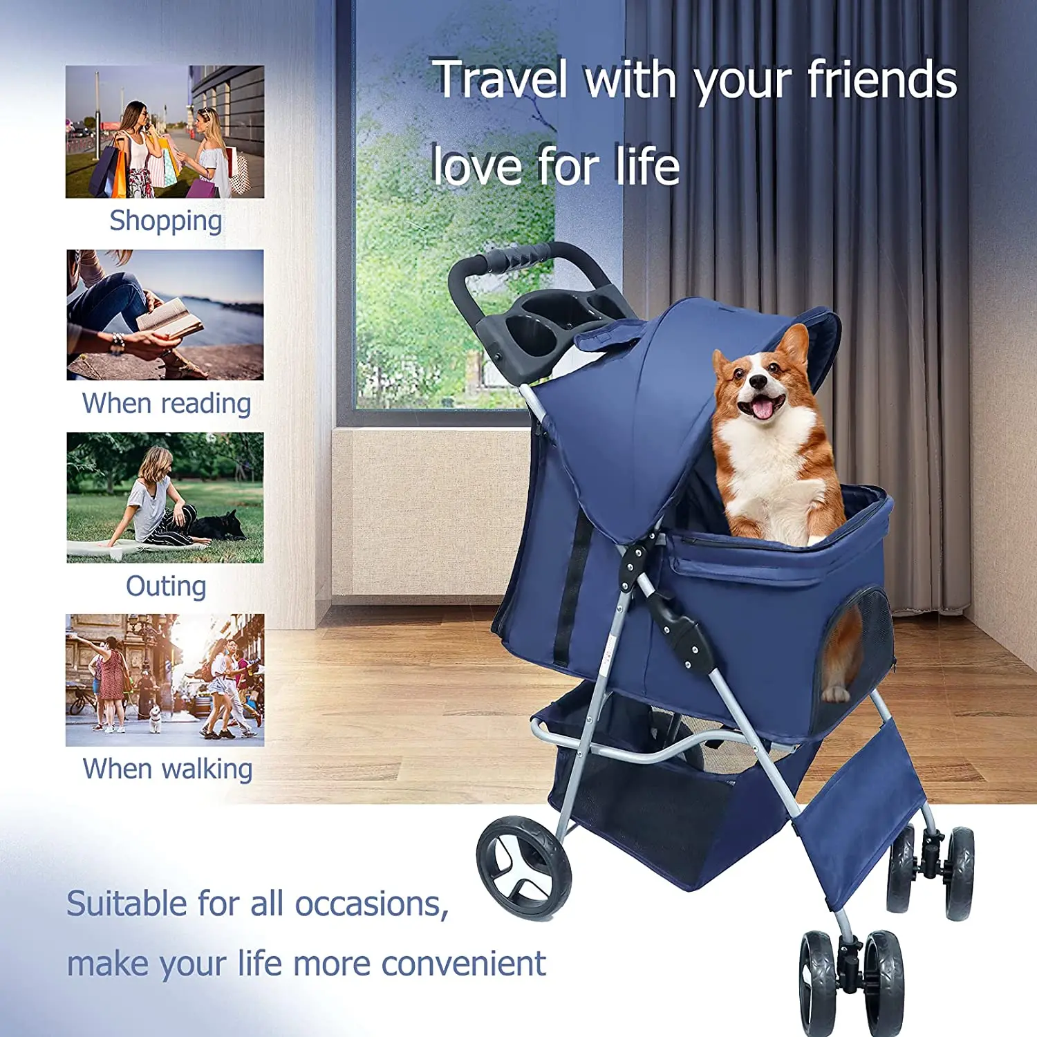 Outdoor Luxury Foldable Portable Pet Carrier 4 Wheels Trolley Travel Carriage Cat Dog Pet Stroller