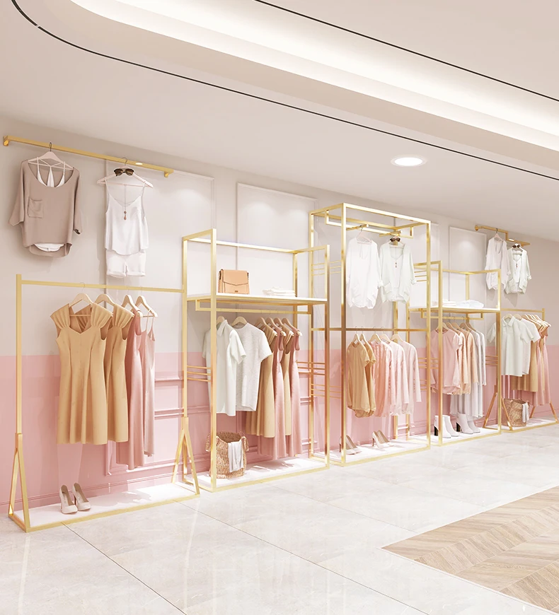 
Custom Clothing Store Wall Mount Garment Clothes Stand Metal Cloth Display Stainless Steel Shiny Gold Clothing Rack for Shop 