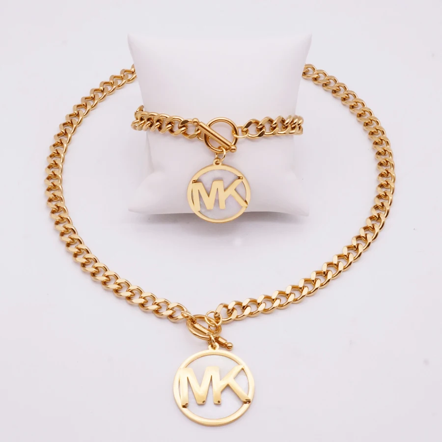 Cuban Chain Mother of Pearl Pendant Stainless Steel Necklace and Bracelet Jewelry Set