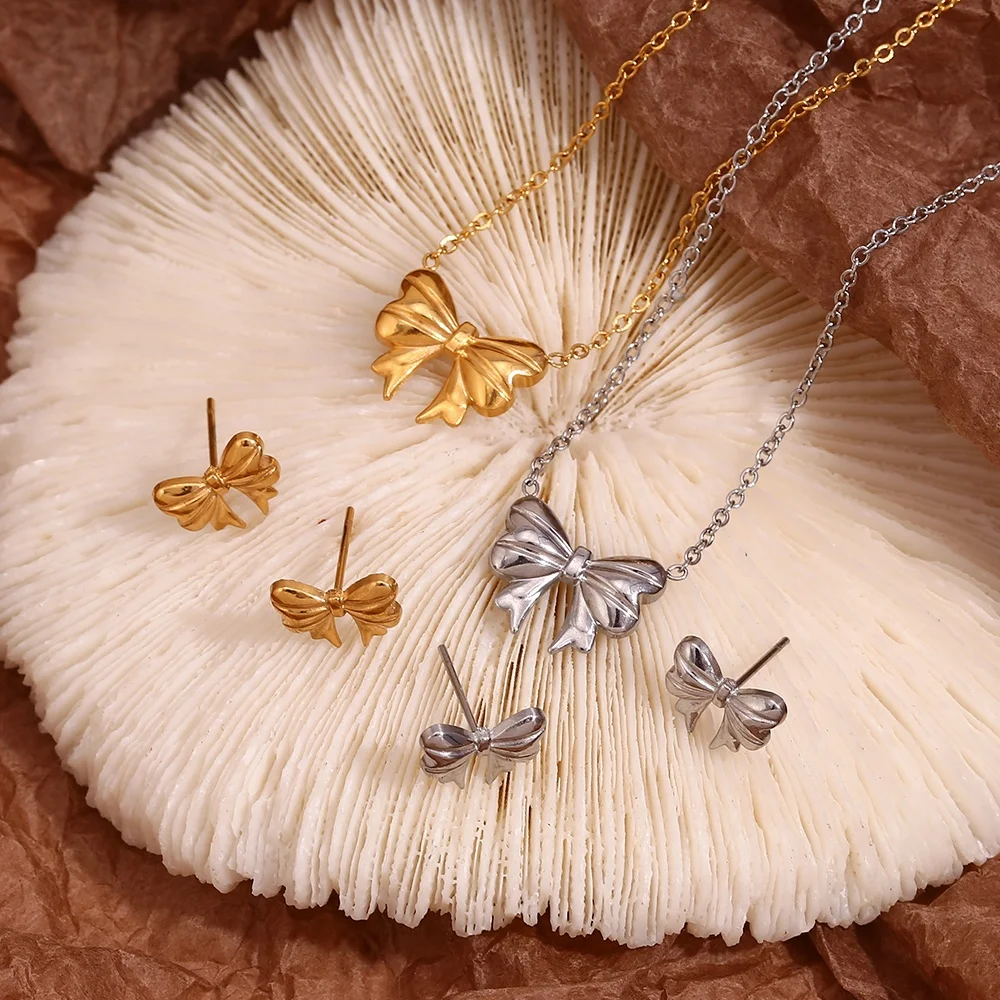 Chic Engraved Bow Earrings 18k Gold Plated Jewelry Set Stainless Steel Jewelry